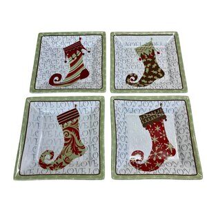 Set Of 4 222 Fifth Porcelain Square Holiday Plates With Christmas Stocking Desig
